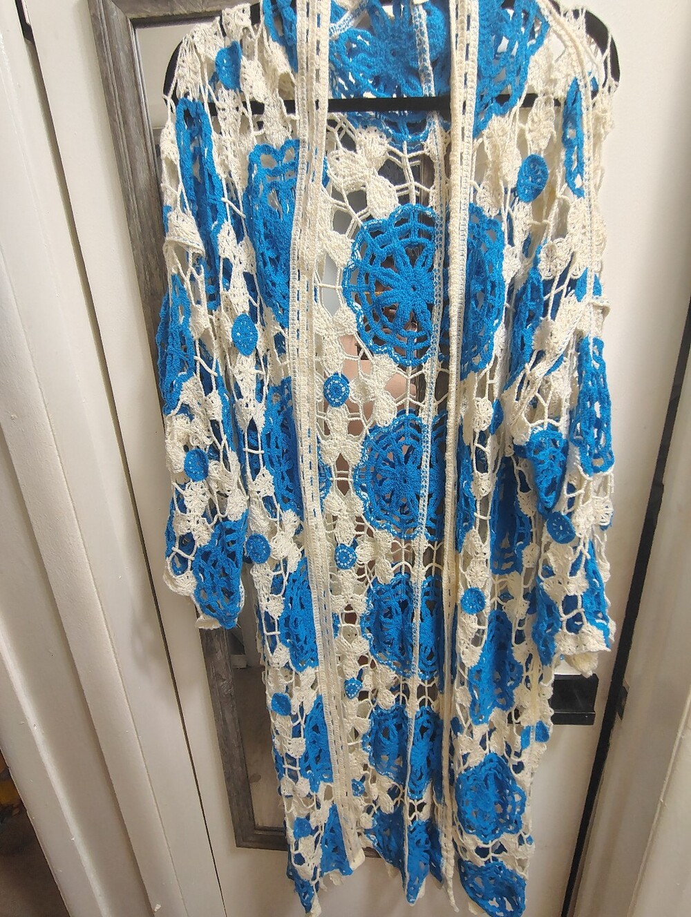 Pol Blue & Cream Crochet Long Duster